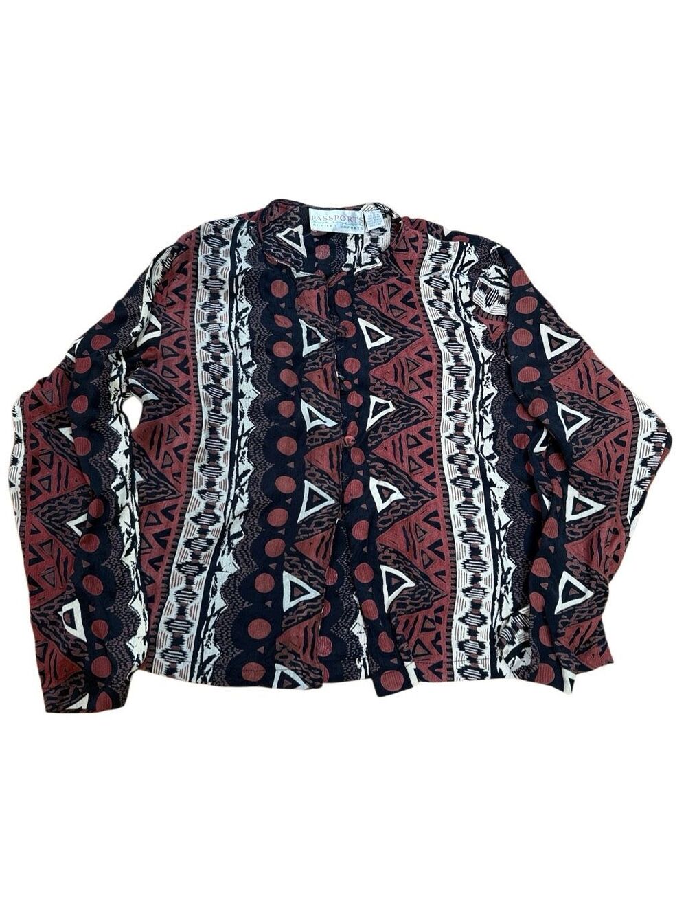 90s Vintage Geometric Print Passports by Pier one Button Front Long Sleeve Shirt